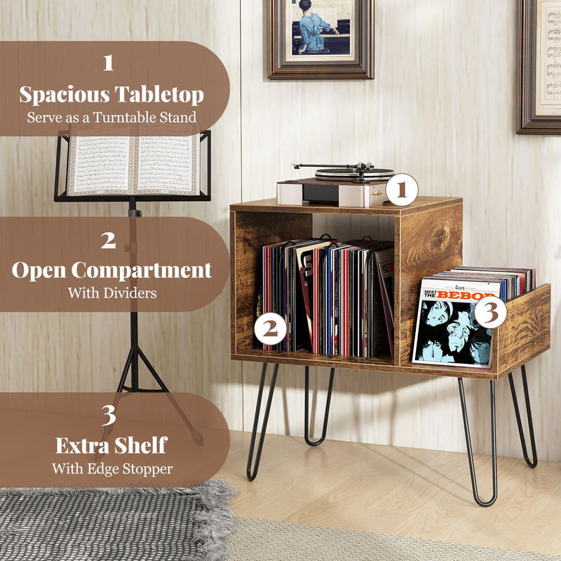 Mid-century Record Player Stand with Power Outlet and Vinyl Divider-Rustic Brown