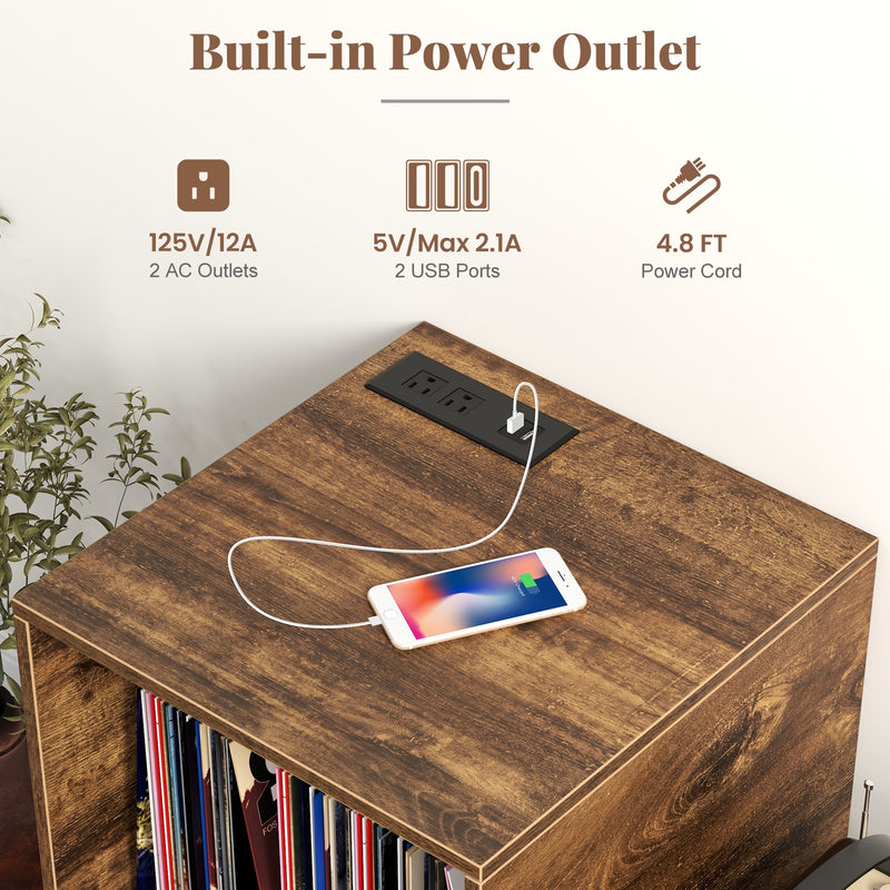 Mid-century Record Player Stand with Power Outlet and Vinyl Divider-Rustic Brown