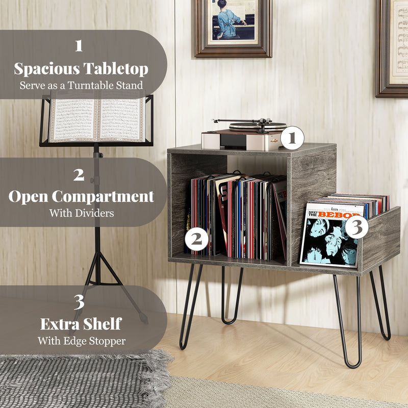 Mid-century Record Player Stand with Power Outlet and Vinyl Divider-Gray