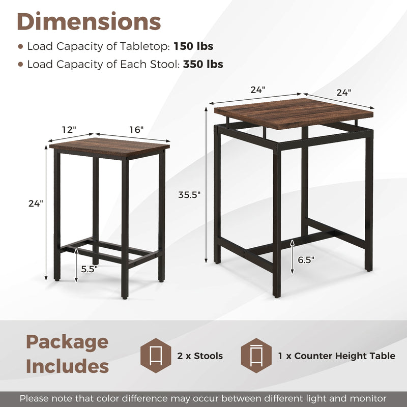 3 Pieces Pub Dining Table Set with Floating Tabletop and Footrest-Rustic Brown