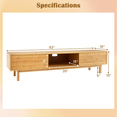 63 Inches Mid Century Modern Bamboo TV Stand with Sliding Doors-Natural