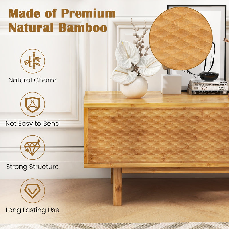 63 Inches Mid Century Modern Bamboo TV Stand with Sliding Doors-Natural