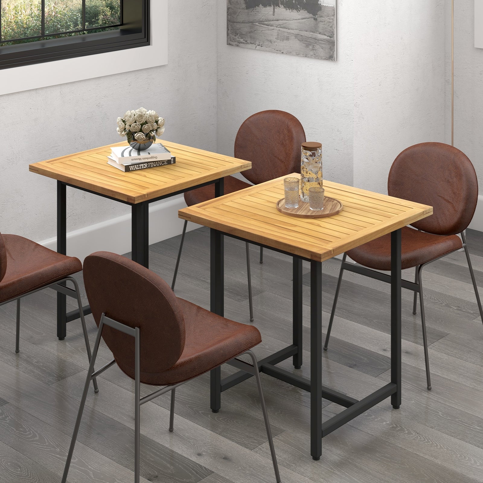 Panelboard Table Indoor Outdoor Teak Wood Slatted Tabletop Panel Board Split in 2 Squar
