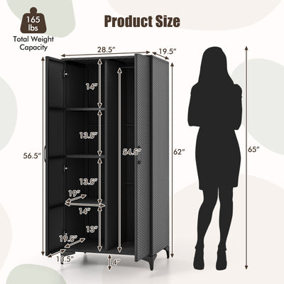 62 Inch Wicker Wardrobe with 2 Doors PE Rattan Closet with Hanging Rod-Black