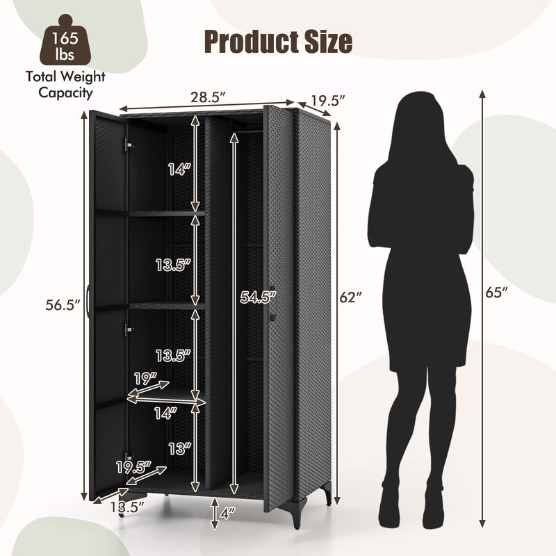 62 Inch Wicker Wardrobe with 2 Doors PE Rattan Closet with Hanging Rod-Black