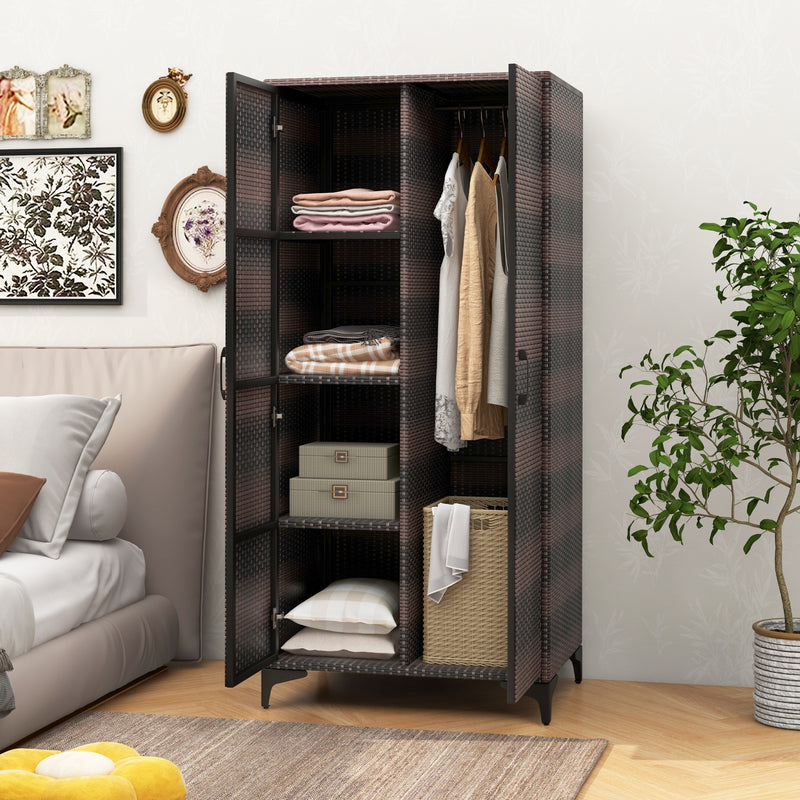 62 Inch Wicker Wardrobe with 2 Doors PE Rattan Closet with Hanging Rod-Brown
