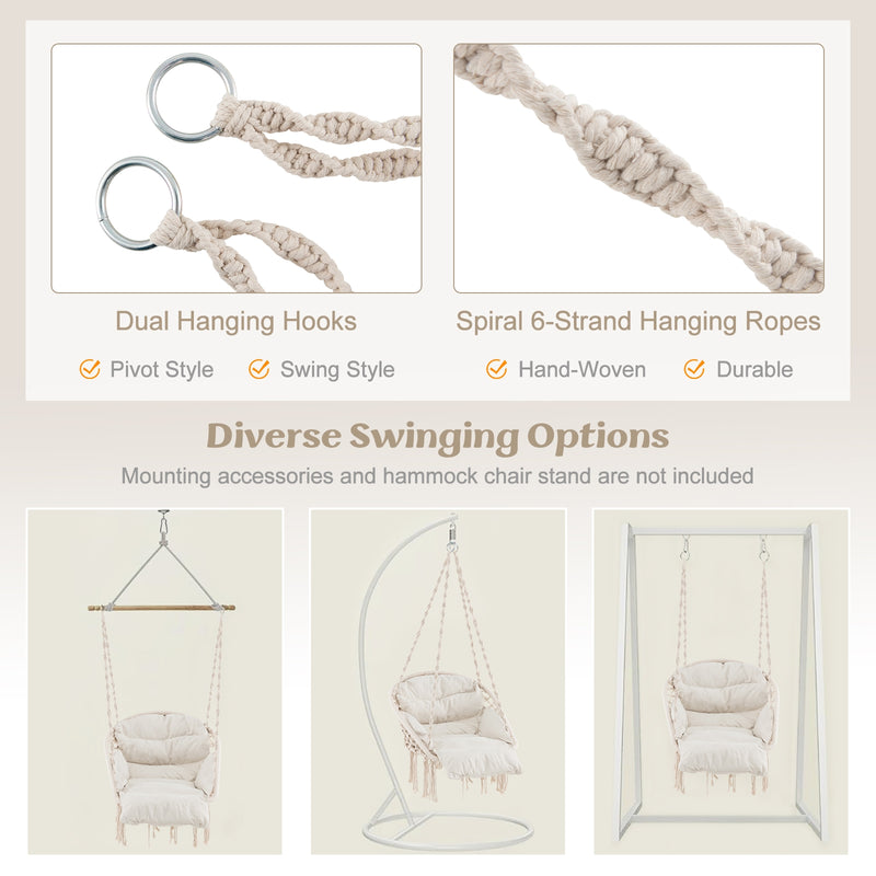 Hammock Chair with Thick Cushion & Macrame Holds up to 330 LBS-Beige