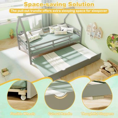 Twin House Bed with Trundle and Fence Rail-Gray