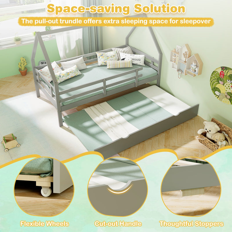 Twin House Bed with Trundle and Fence Rail-Gray