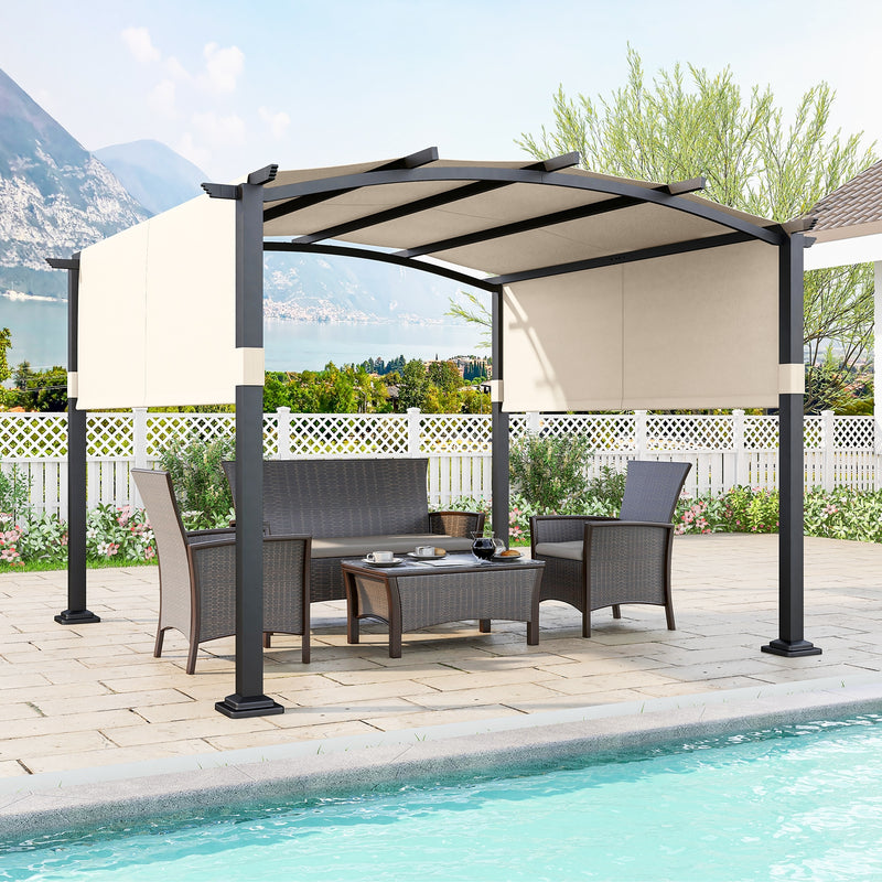 *10 x 10 ft Outdoor Pergola Modern Arched Patio Garden Shelter with Retractable Sunshade Canopy - Beige