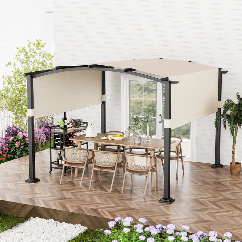 *10 x 10 ft Outdoor Pergola Modern Arched Patio Garden Shelter with Retractable Sunshade Canopy - Beige
