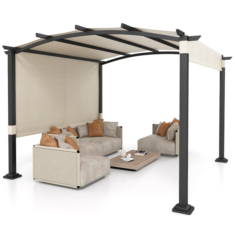 *10 x 10 ft Outdoor Pergola Modern Arched Patio Garden Shelter with Retractable Sunshade Canopy - Beige