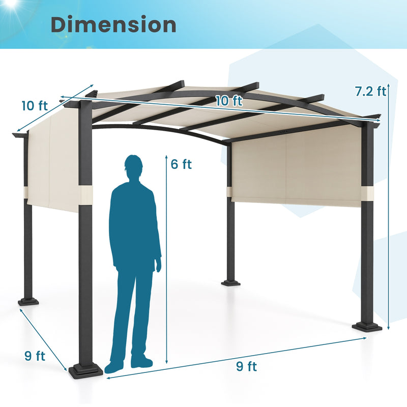 *10 x 10 ft Outdoor Pergola Modern Arched Patio Garden Shelter with Retractable Sunshade Canopy - Beige