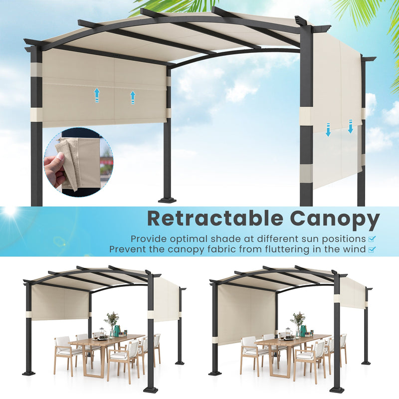 *10 x 10 ft Outdoor Pergola Modern Arched Patio Garden Shelter with Retractable Sunshade Canopy - Beige