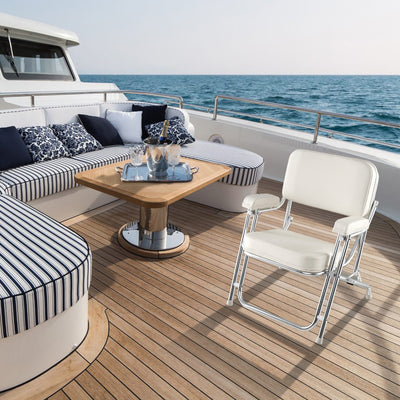 *Portable Aluminum Boat Deck Beach Chair with Cushioned Seat - White