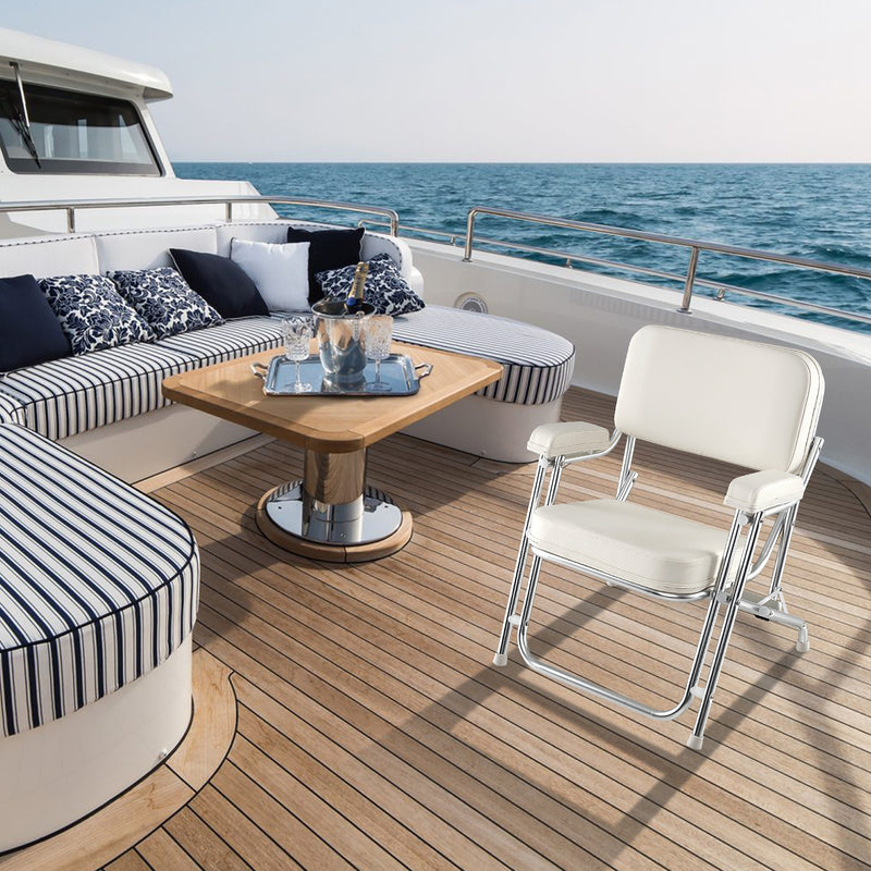 *Portable Aluminum Boat Deck Beach Chair with Cushioned Seat - White