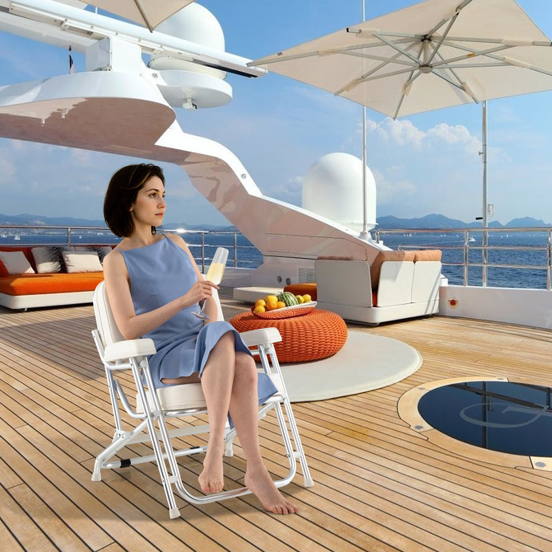 *Portable Aluminum Boat Deck Beach Chair with Cushioned Seat - White