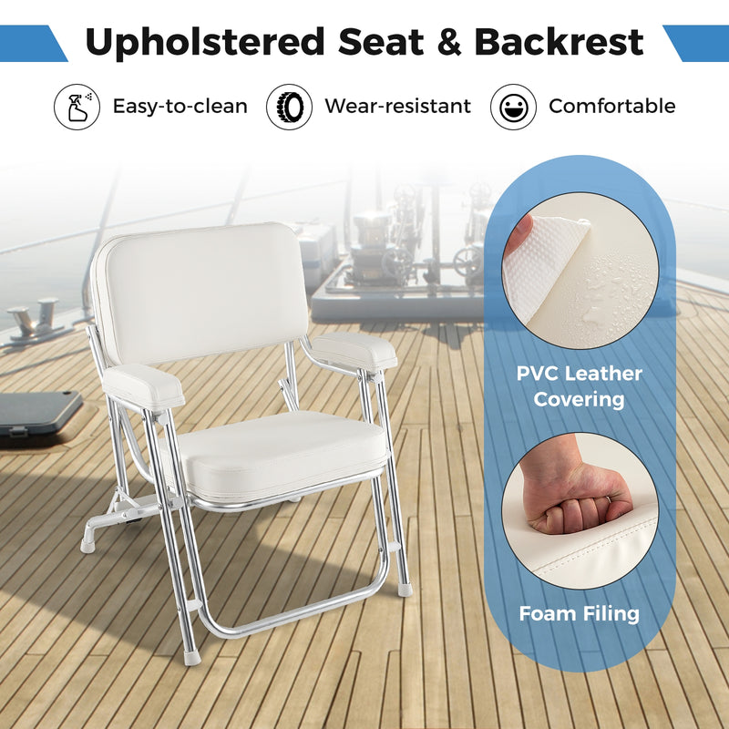 *Portable Aluminum Boat Deck Beach Chair with Cushioned Seat - White