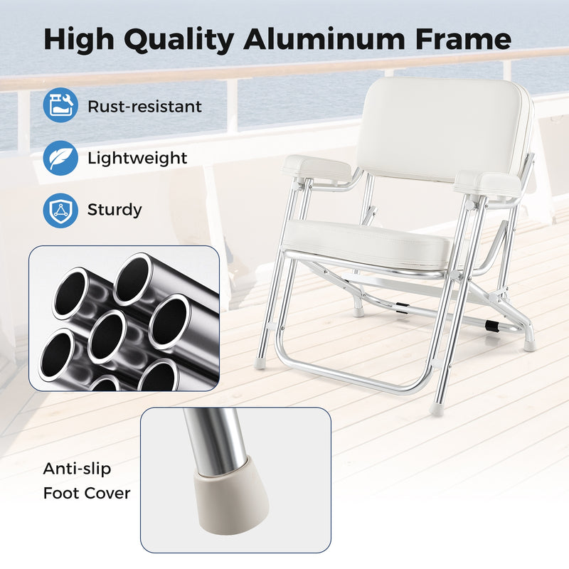 *Portable Aluminum Boat Deck Beach Chair with Cushioned Seat - White