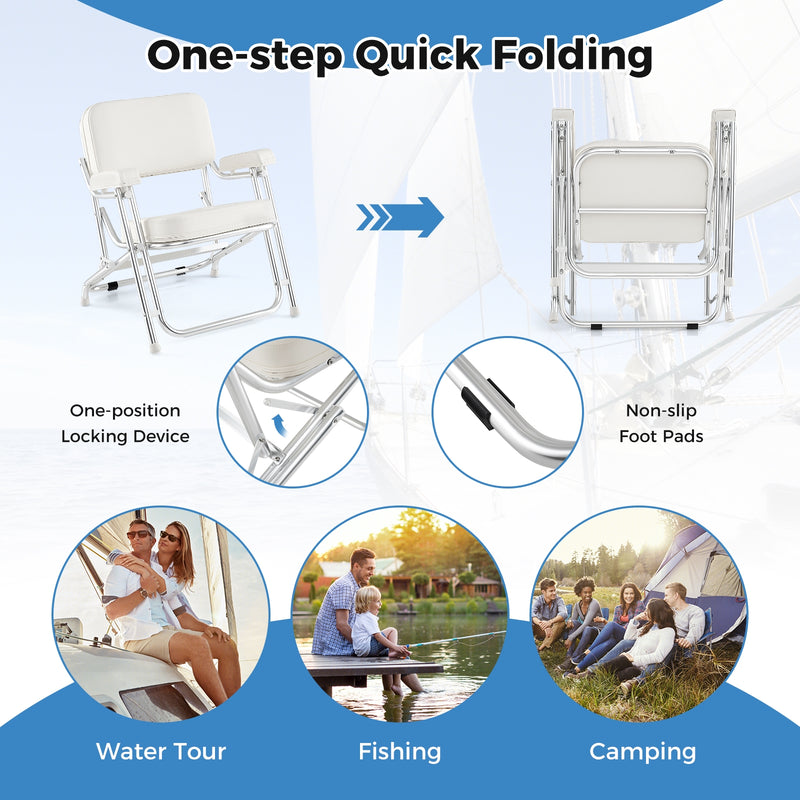 *Portable Aluminum Boat Deck Beach Chair with Cushioned Seat - White
