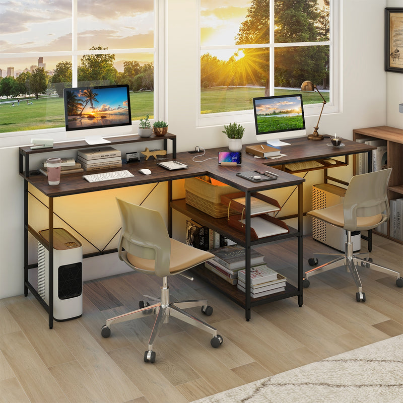 *2-Person Reversible Computer Desk Long Office Desk with LED Lights - Walnut