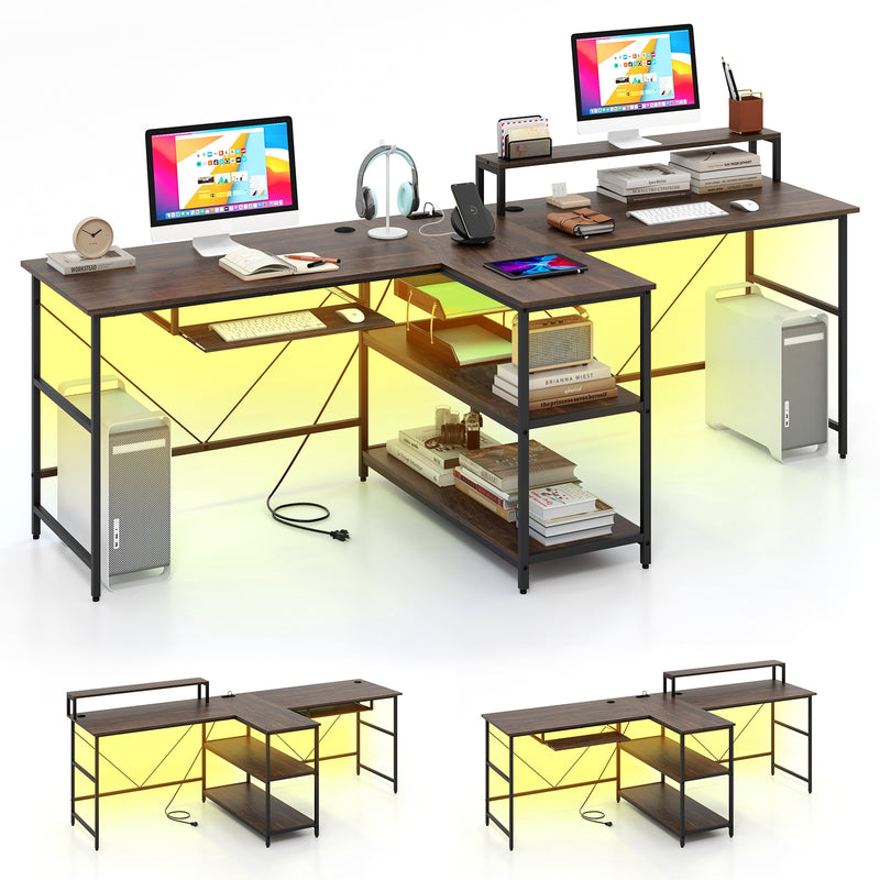 *2-Person Reversible Computer Desk Long Office Desk with LED Lights - Walnut