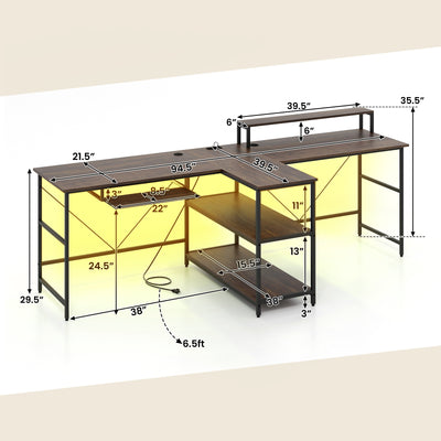 *2-Person Reversible Computer Desk Long Office Desk with LED Lights - Walnut