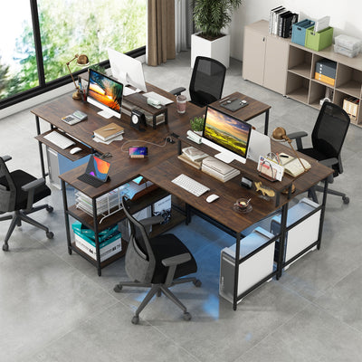 *2-Person Reversible Computer Desk Long Office Desk with LED Lights - Walnut