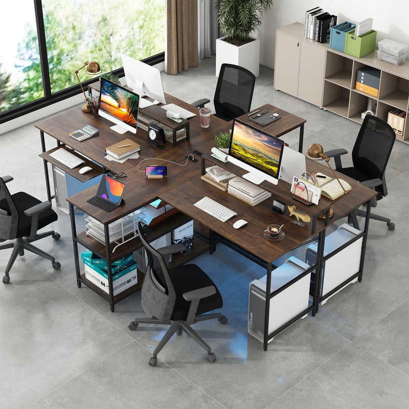 *2-Person Reversible Computer Desk Long Office Desk with LED Lights - Walnut