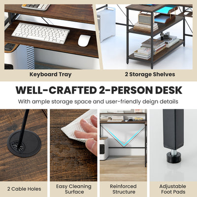 *2-Person Reversible Computer Desk Long Office Desk with LED Lights - Walnut