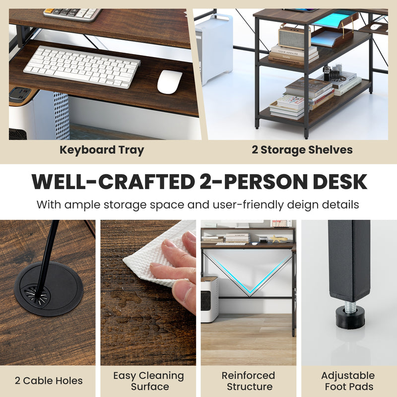 *2-Person Reversible Computer Desk Long Office Desk with LED Lights - Walnut