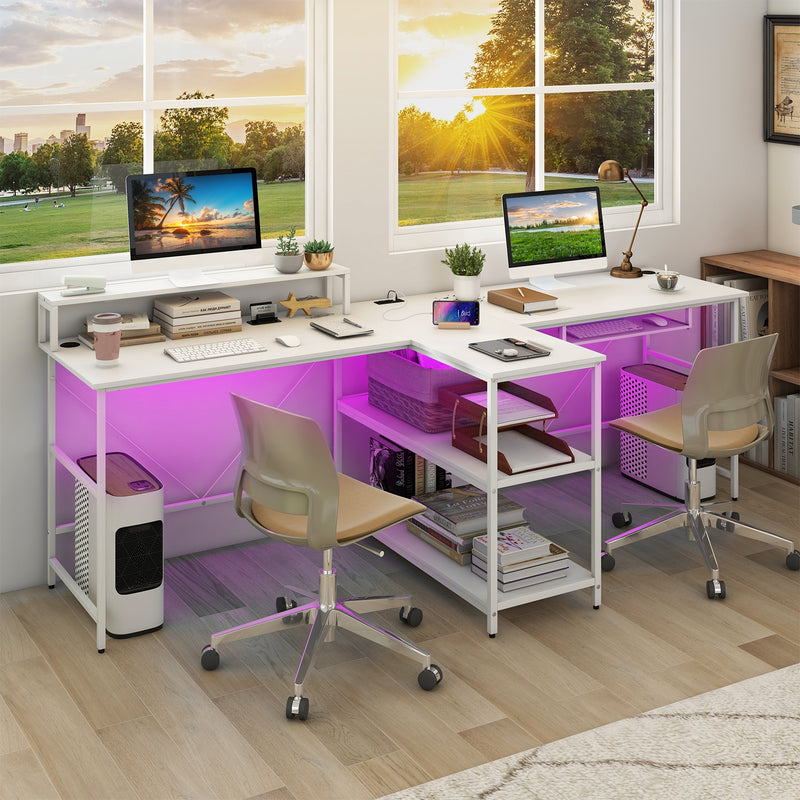 *2-Person Reversible Computer Desk Long Office Desk with LED Lights - White