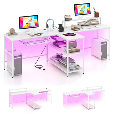 *2-Person Reversible Computer Desk Long Office Desk with LED Lights - White