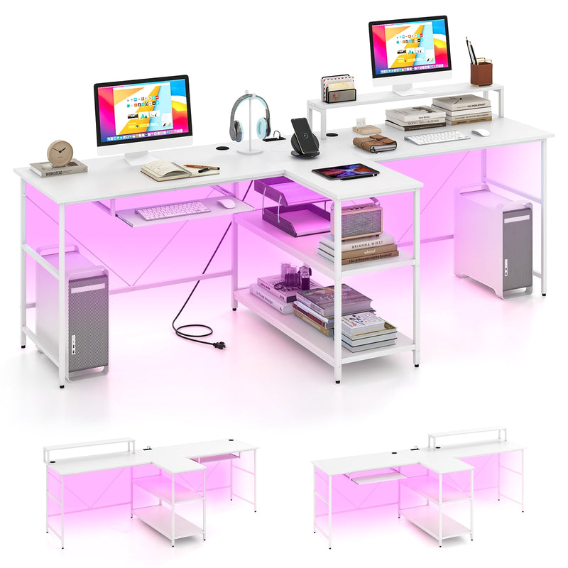 *2-Person Reversible Computer Desk Long Office Desk with LED Lights - White