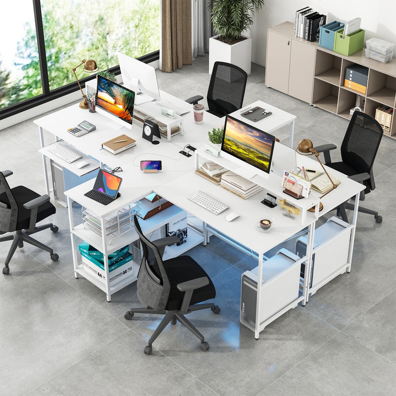 *2-Person Reversible Computer Desk Long Office Desk with LED Lights - White