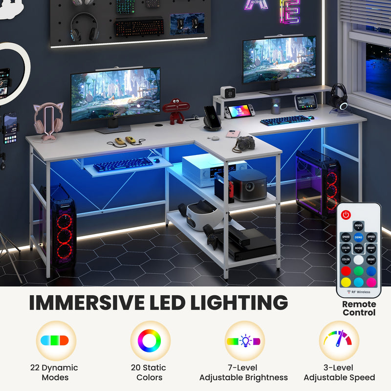 *2-Person Reversible Computer Desk Long Office Desk with LED Lights - White