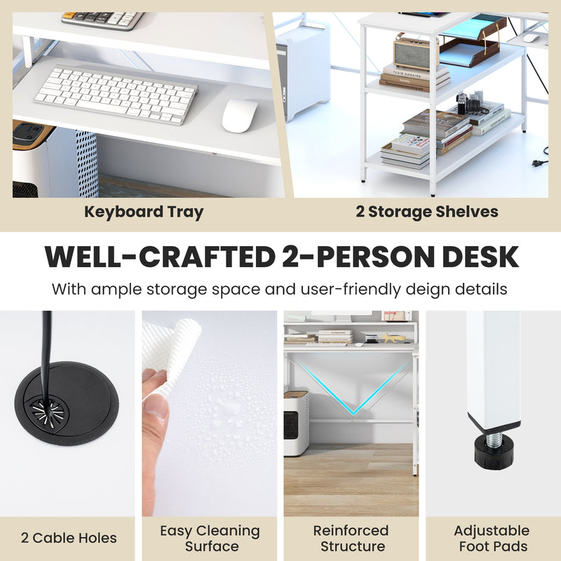 *2-Person Reversible Computer Desk Long Office Desk with LED Lights - White