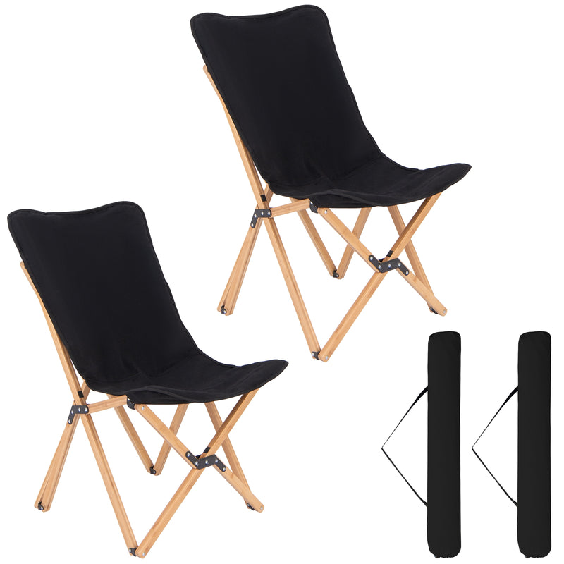 *Set of 2 Bamboo Dorm Chair with Storage Pocket for Camping and Fishing - Black