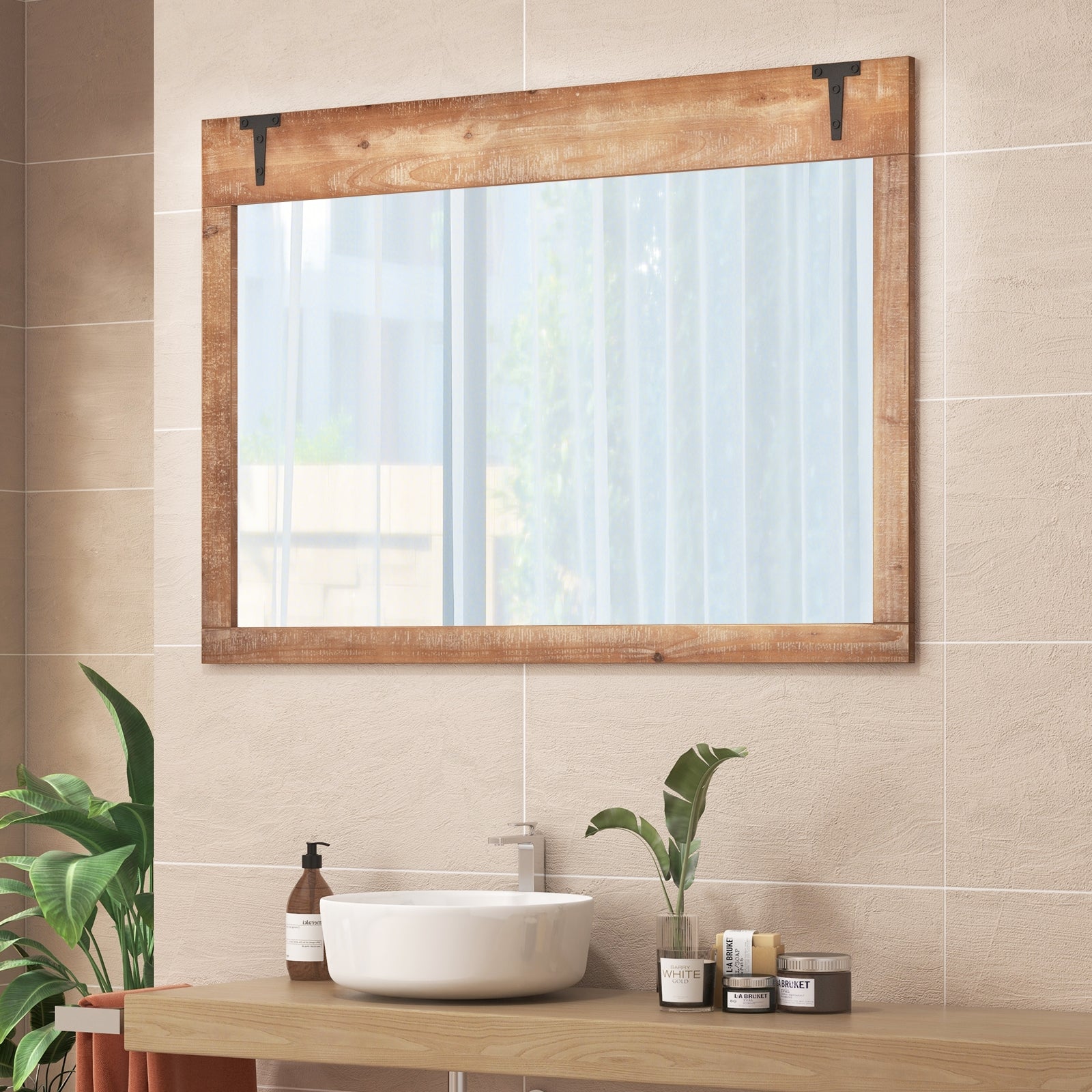 Rustic Barn Mirrors 39 x 27.5 Inch Farmhouse Rustic Barn Door Wall Mirror with Wood Frame-