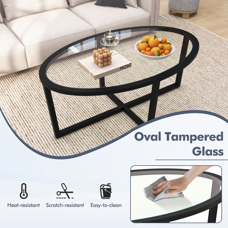 Glass Coffee Table Oval Living Room Table with Cross Base and Acacia Wood Legs-Black