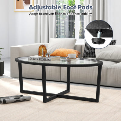 Glass Coffee Table Oval Living Room Table with Cross Base and Acacia Wood Legs-Black