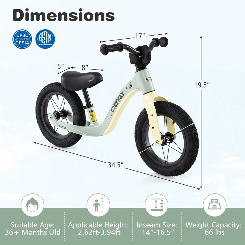 *12-Inch Balance Bike with Adjustable Seat and Rotatable Handlebar for Over 36 Months Old - Green