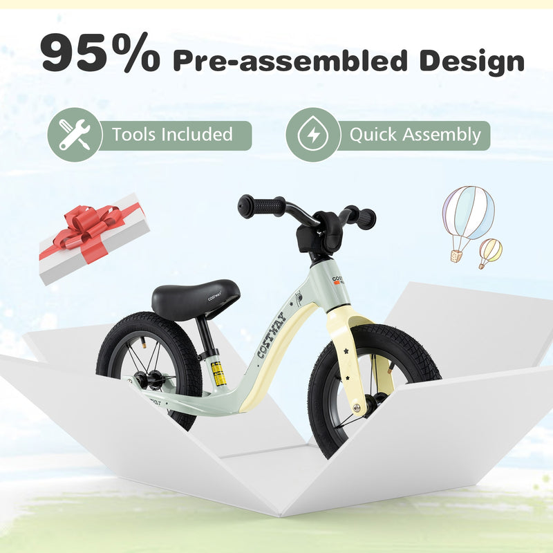 *12-Inch Balance Bike with Adjustable Seat and Rotatable Handlebar for Over 36 Months Old - Green