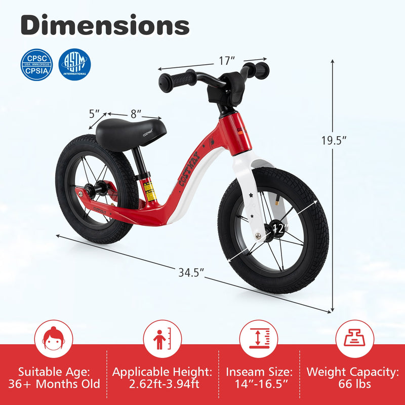 *12-Inch Balance Bike with Adjustable Seat and Rotatable Handlebar for Over 36 Months Old - Red