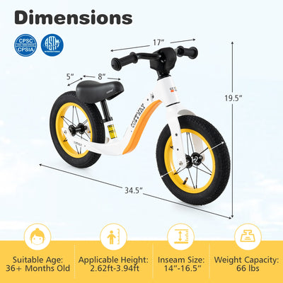 *12-Inch Balance Bike with Adjustable Seat and Rotatable Handlebar for Over 36 Months Old - White