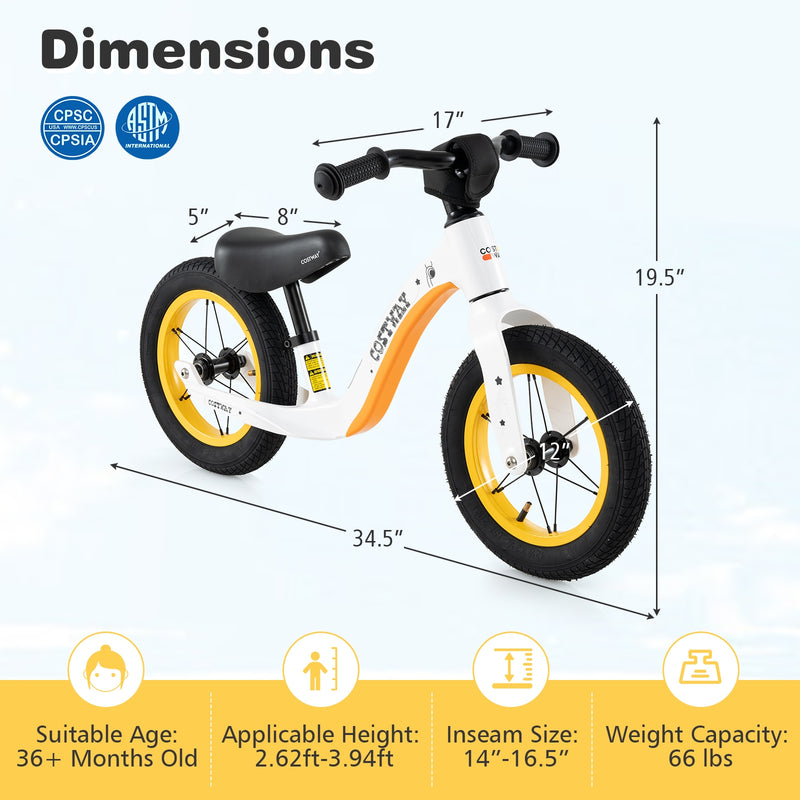 *12-Inch Balance Bike with Adjustable Seat and Rotatable Handlebar for Over 36 Months Old - White