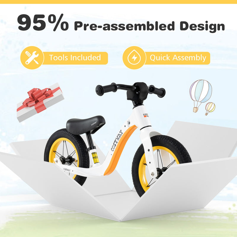 *12-Inch Balance Bike with Adjustable Seat and Rotatable Handlebar for Over 36 Months Old - White