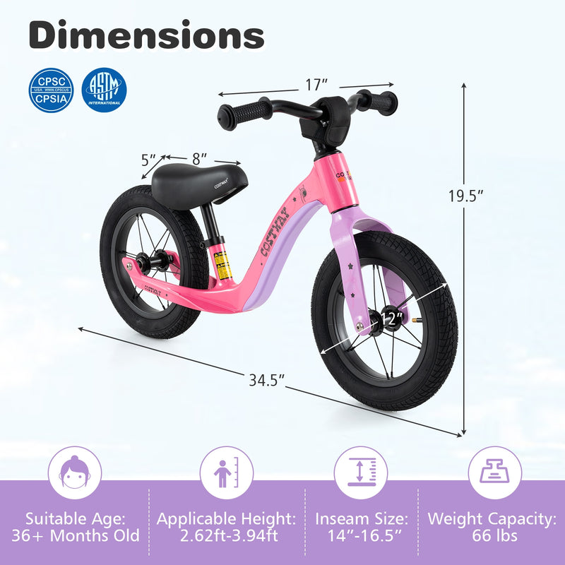 *12-Inch Balance Bike with Adjustable Seat and Rotatable Handlebar for Over 36 Months Old - Pink