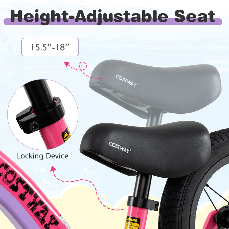 *12-Inch Balance Bike with Adjustable Seat and Rotatable Handlebar for Over 36 Months Old - Pink