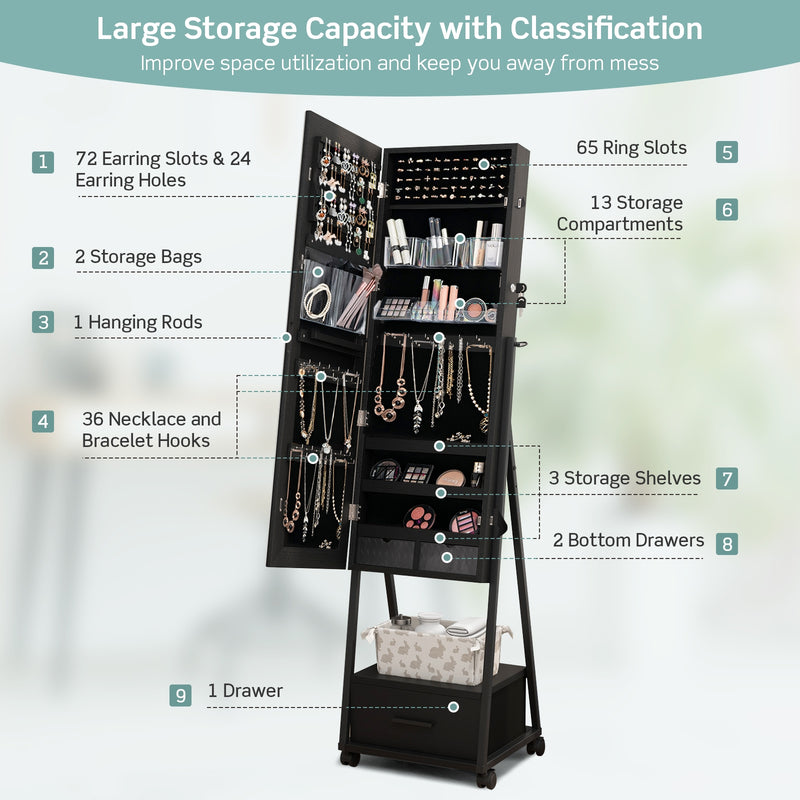 Jewelry Cabinet with Full-Length Mirror-Black